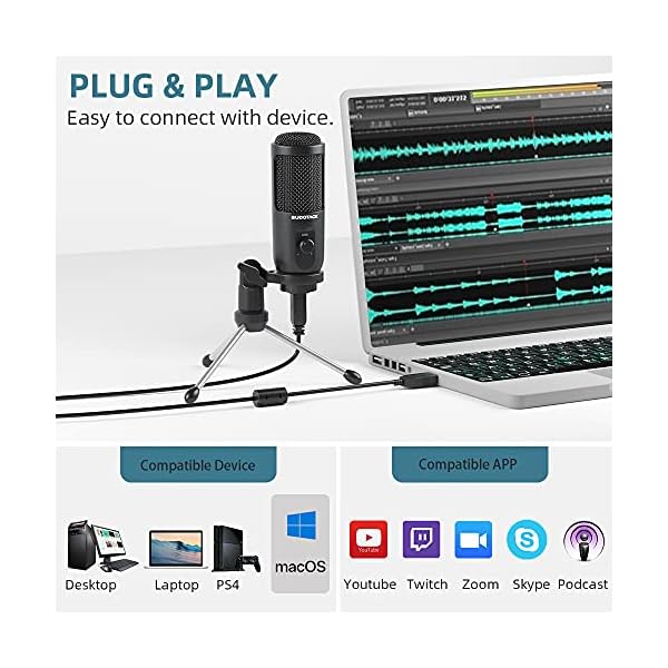 USB Computer Microphone, SUDOTACK PC Condenser Mic With Mic Gain for Gaming, Streaming, Recording, Podcast, Voice Overs, Zoom, Youtube, Compatible with Laptop Desktop Windows macOS (ST-600) - Image 4