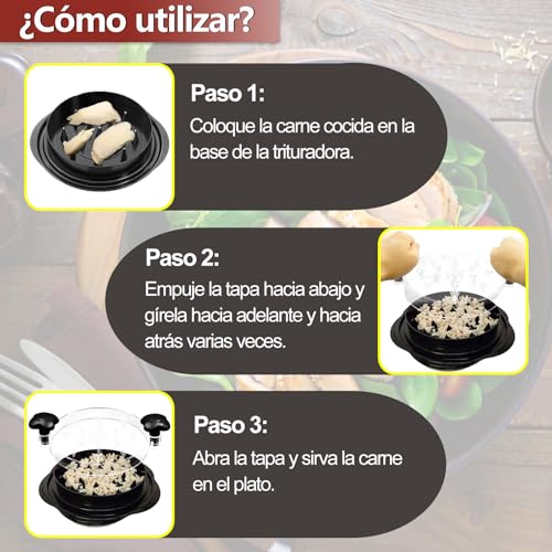 Desmenuzador de Pollo - 25CM Trituradora de pollo, Tapa Visual, Mango Ergonómico, Antideslizante y Lavavajillas lavables, Chicken Shredder para Cortar Carnes Vegetales Queso Duro(Negro)