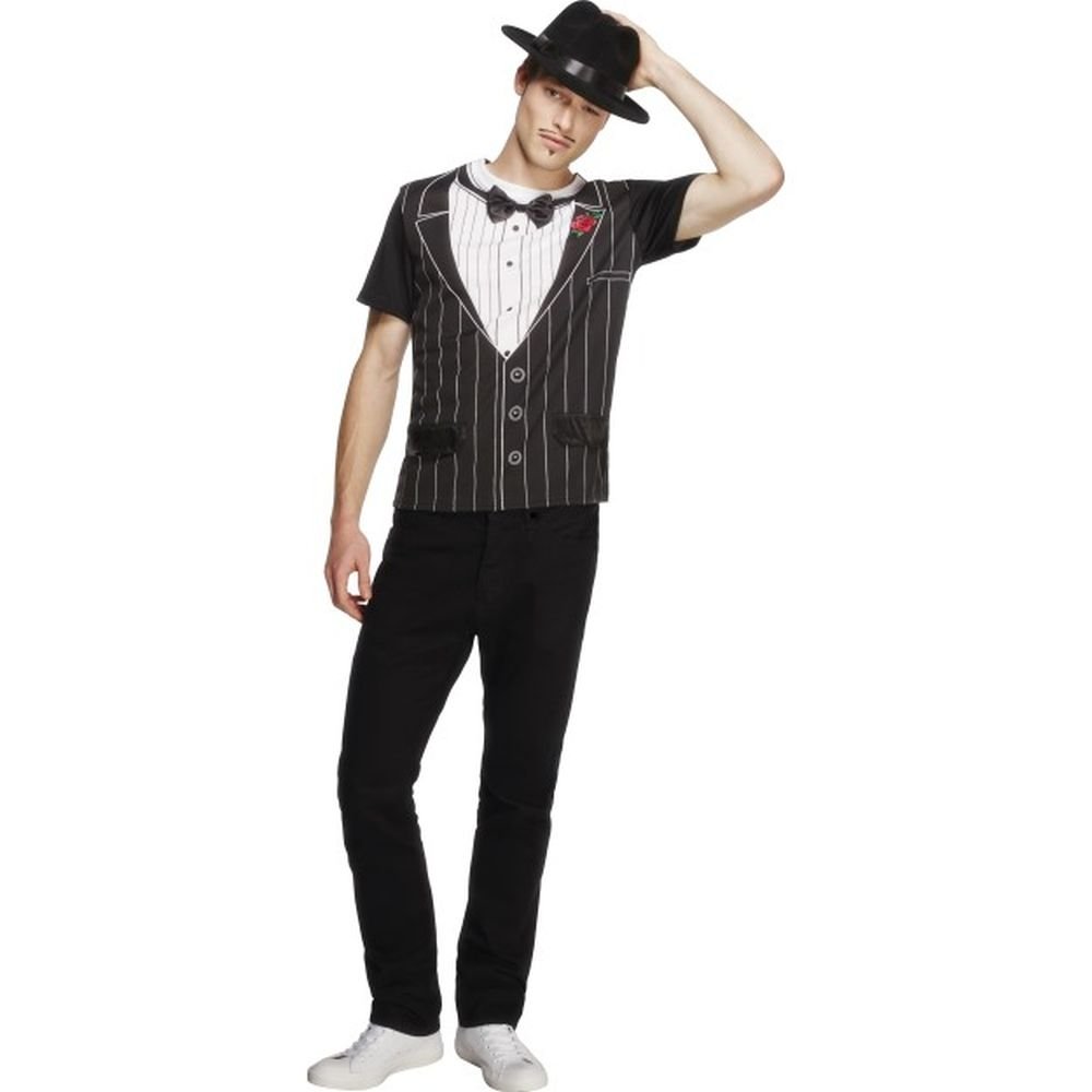 Smiffys Fever Male Gangster Instant T-Shirt, Black , Fever Male Fancy Dress, 1920s Dress Up Costumes
