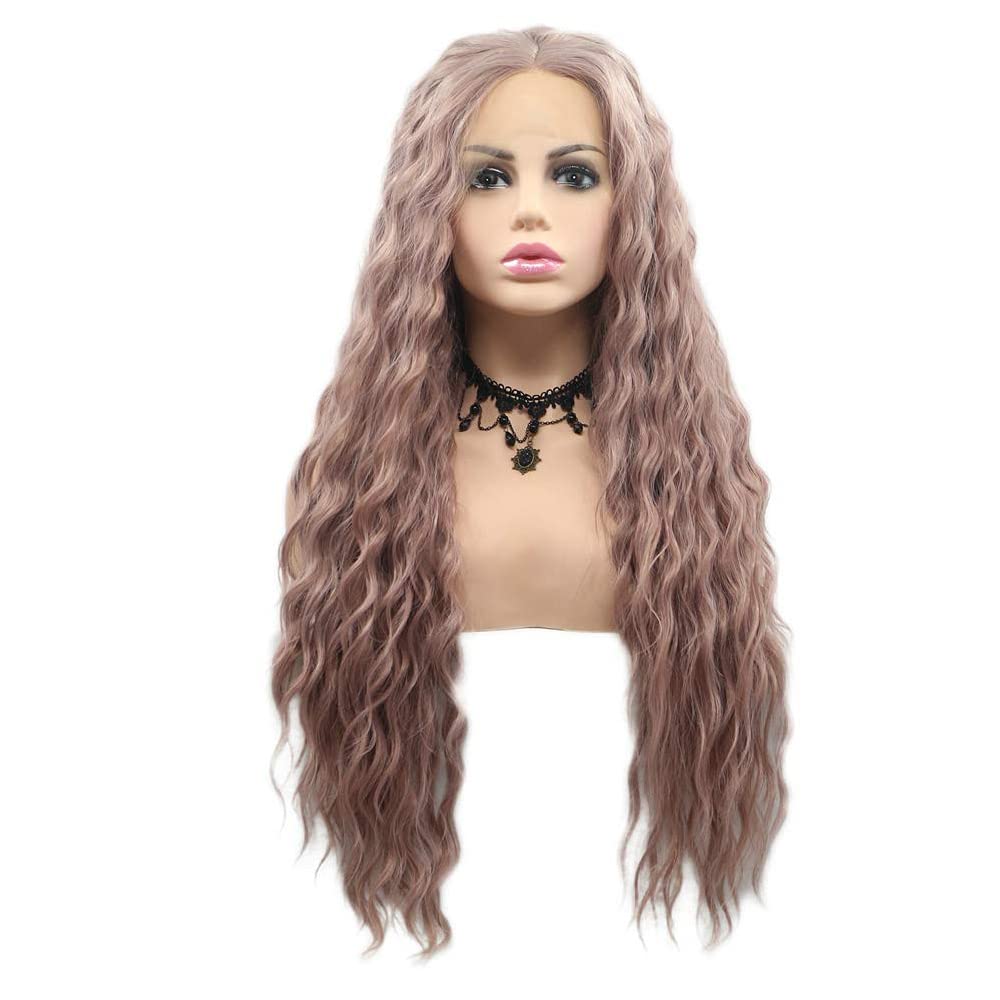 Xiweiya Long Ash Pink Wavy Wig Synthetic Lace Front Wigs Middle Part Wig Long Soft Wavy Wig Hair Replacement Wig for Women, Drag Queen Makeup 24 inch