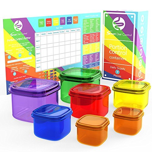 Smart Diet Control 7 Piece Portion Control Containers Kit with 21 Day Meal Planner & Guide, Microwavable and Dishwasher Safe, Multi-Color by Smart Diet Control