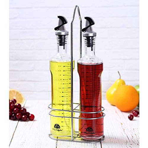 Premium Oil and Vinegar Dispenser Set in Stainless Steel Rack - BPA-Free Olive Oil Dispenser with Self-Closing Covered Spout - 17oz Round Slim Bottle Design & Dual OZ/ML Markings - Bonus Refill Funnel