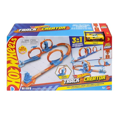 Hot Wheels - Pista Triplo Loop, Set con Speed Snap Track e adattori per Costruire 3 Giri della Morte, macchinina in Scala 1:64 Inclusa, Giocattolo per Bambini, 4+ Anni, JDW39