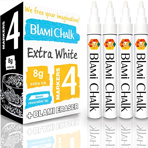 Blami Arts Chalk Markers White 4 Pack with 2 Times More Liquid Ink 8g - Easy to Use Chalkboard Pens With Reversible Tip for Bistro Glass Windows - Eraser Sponge Included