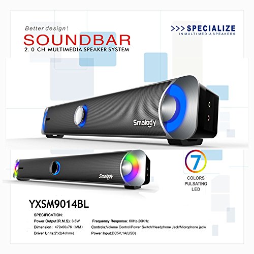 Smalody Led Multimedia Speaker Soundbar HiFi Sound Box Subwoofer Stereo PC Speakers for Laptop Computer PC Desktop Notebook Smartphones (Black) - Thumbnail 3