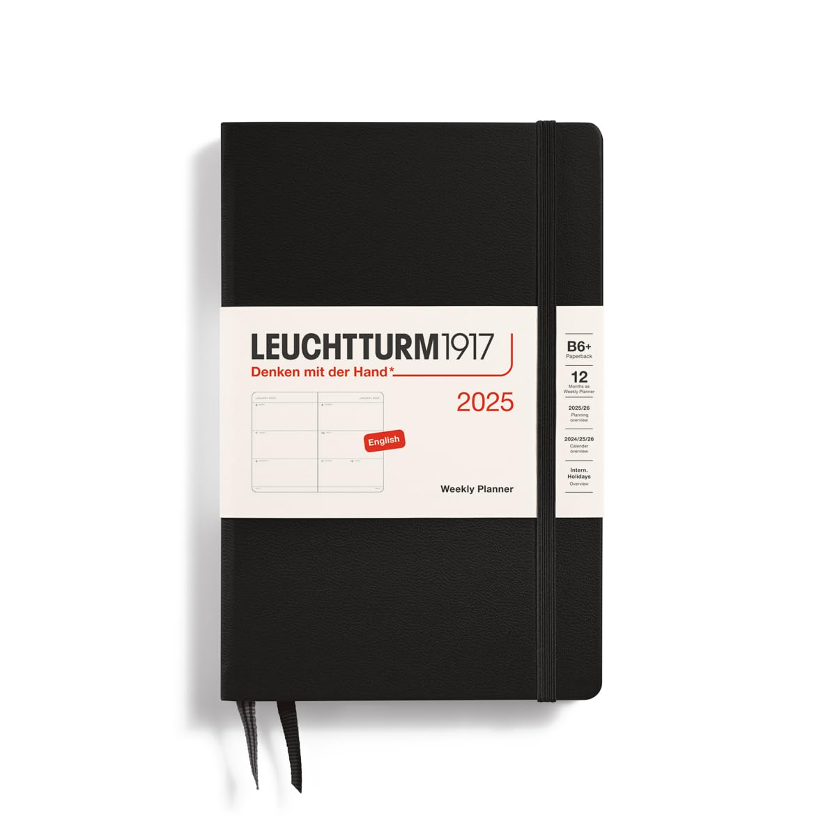 LEUCHTTURM1917 371012 Weekly Planner 2025, Paperback B6+ Hardcover - 12-Month Planner, Lined - Black, English