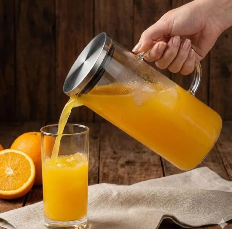 Jarra de Vidro Borossilicato 1L com Tampa Inox – Bico com Filtro Resistente para Água Suco e Chá