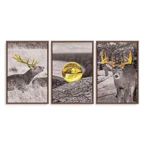 3 Panel Framed Canvas Wall Art for Living Room, Bedroom Deer with Gold Antlers Canvas Prints for Home Decoration Ready to Hang - 16"x24"x3 Panels