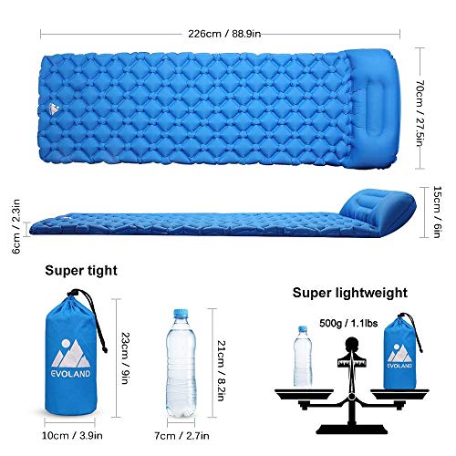 Evoland Camping Sleeping Pad with Pillow, Self Inflating Sleeping Pad for Camping, Backpacking, Hiking, Lightweight, Waterproof, Compact, Durable, Storage Bag Included (Blue)