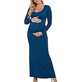 Yousify Womens Scoop Neck Maternity Maxi Dress Split Long Sleeve Slim Fit Split Casual Pregnancy Clothes for Baby Shower