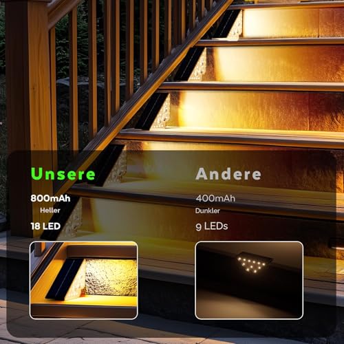 Solar Lights for Outdoor Garden Stair Light 800 mAh Stair Lighting Outdoor Solar Floor Lights Outdoor for Courtyards Decoration Patio Fence Pathway Steps LED Path Lights IP65 18 LED Pack of 6