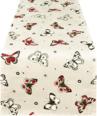 Lashuma® Red Butterfly Decorative Kitchen Collection – Table Cloth, Runner, Apron, Oven Mitt, Pot Holder, Placemat Bread Basket Cushion, Tea Towel, 100% Cotton, beige / red, Tischläufer 120 x 30 cm