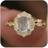 14k Gold Flowered Romantic Moonstone Open Ring Set with Egg Ice Ring Natural Moonstone Opal Adjustable Ring with Real Diamonds for Women