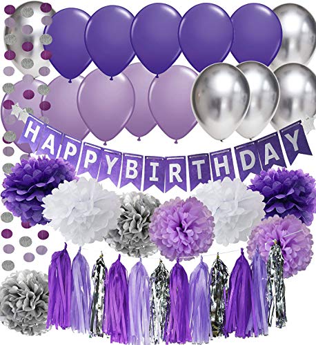 Purple Birthday Party Decorations Purple White Silver Tissue Pom Pom Happy Birthday Banner Purple Silver Latex Balloons Circle Paper Garland for Purple Birthday Decorations