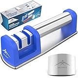 Manual Kitchen Knife Sharpener Diamond | Fast Sharpeners For German American Asian Chef Knives - With Finger Guard Protector - 2 Stage Sharpening Wheel System by Meagle