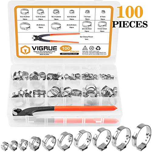 VIGRUE 100Pcs 304 Stainless Steel Single Ear Hose Clamps with Ear Clamp Pincer Stepless Hose Clamps for Securing Pipe Hoses and Automotive Use - Thumbnail 7