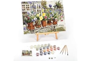 Ledgebay Paint by Number for Adults Framed Canvas: Beginner to Advanced Number Painting Kit - Kits Include Acrylic Paints, (4) Brushes & Tabletop Easel (Ritas Pansies, 12" x 16" Framed)