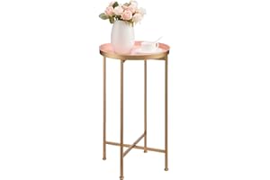 HollyHOME Small Round Metal End Table, Accent Indoor&Outdoor Coffee Side Table, Snack Sofa Table for Living Room, Anti-Rust Decorative Plant Stand, (D) 14.5" x(H) 25", Gold&Pink