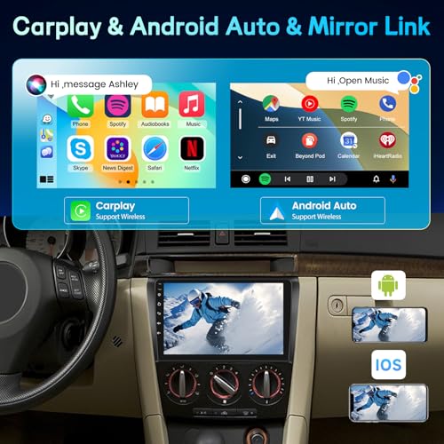 [2G+64G] Android Radio for Mazda 3 2003-2009, CarPlay & Android Auto Wireless, EQ DSP, Car Radio with 9 Inch Touchscreen, GPS, WiFi, FM RDS, Bluetooth, SWC + Rear Camera