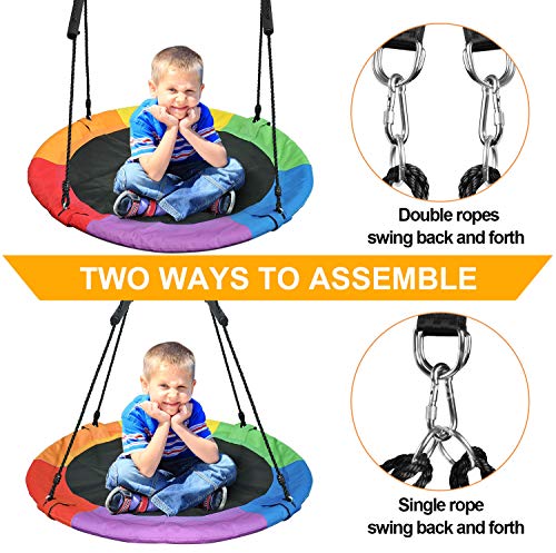Treeswin Saucer Tree Swing 40 Inch, 700 lb Weight Capacity Outdoor Flying Swing with Tree Strap, 900D Oxford Fabric Waterproof Durable Steel Frame and Carabiner for Playground and Backyard (Rainbow)