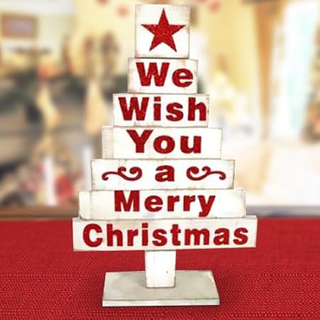 Immagini Di Natale Con Scritte.Bakaji Albero Di Natale In Legno Colore Bianco Con Scritte Natalizie In Rosso 45cm Addobbi E Decorazioni Natalizie Amazon It Casa E Cucina