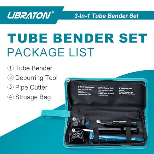 LIBRATON Manual Pipe Bender, Copper Pipe Bender, 180 Degree Pipe Bender, 3 in 1 Pipe Bender for Copper Pipe 1/4" 5/16" 3/8" with Mini Pipe Cutter and Deburrer, for Brass, Aluminium and Thin Steel Tubes