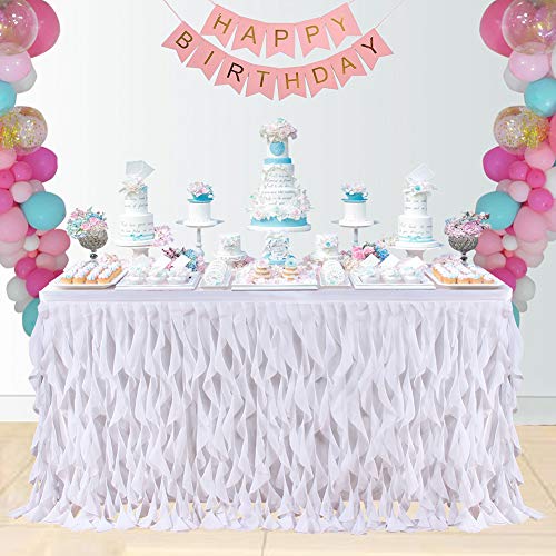 Haperlare 6ft Curly Willow White Table Skirt, Tulle Table Skirt for Rectangle or Round Table Tutu Tablecloth Table Skirting for Wedding Party Baby Shower Birthday Banquet Table Decorations