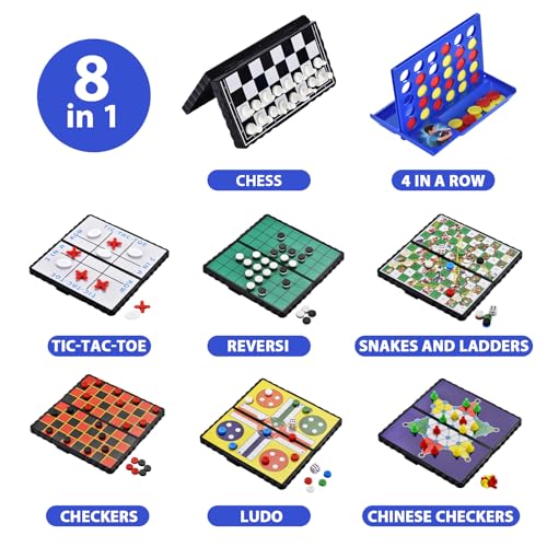 8-in-1 Mini Magnetic Chess Game Set with Portable Folding Magnet Board Pocket Games, Family Trips Camping Activities Party Games for Kids and Adults