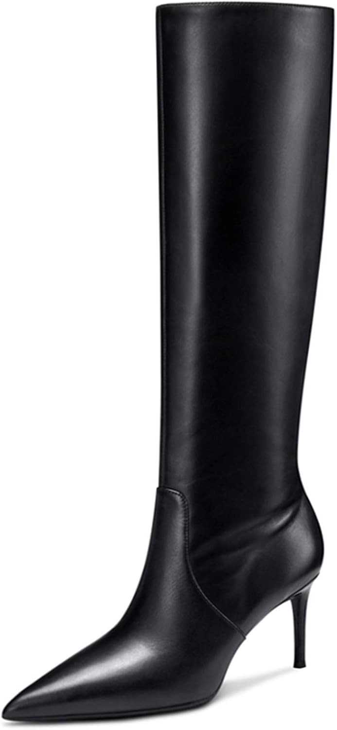 Women's Pointed Toe Kitten Heel Knee High Boots Stone Pattern SideZip
