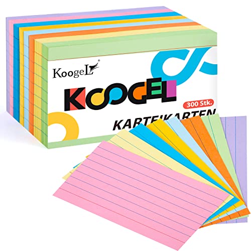 Koogel Karteikarte Linierte, 300 Blätter Linierte Lernkarten 125 mm x 75 mm Karteikarten 8 Farbenin für Unterwegs Vokabel Lernen Büro Schule Präsentation