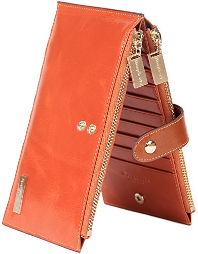 Borgasets RFID Blocking Women's Genuine Leather Wallet Credit Card Holder Zipper Purse Orange