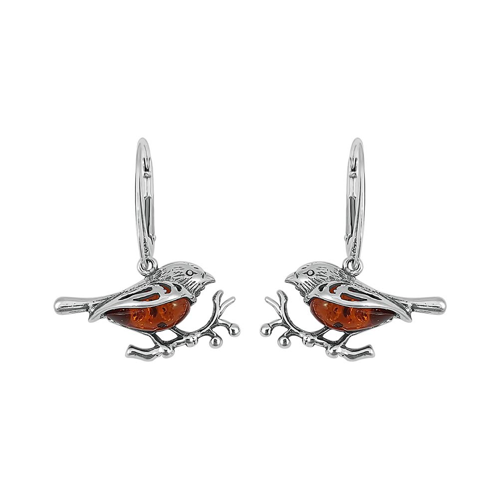 Kiara Jewellery 925 Sterling Silver Robin Earrings Inset With Brown Baltic Amber.