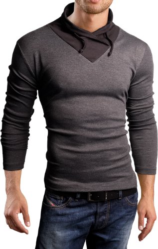Grin&Bear Men's chawl collar Shirt T-Shirt longsleeve, charcoal, S, BH111
