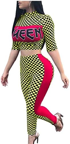 XQS Womens Two Piece Tracksuit Set Sexy Plaid Letter Printing Crop Top Skinny Pants Jumspsuit 2 XL