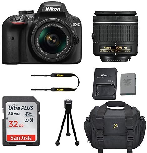 Nikon D3400 DSLR Camera with Nikon AF-P DX 18-55mm f/3.5-5.6G VR Lens + 32GB Memory Card + Camera Carrying Bag + Tripod (Certified Refurbished)