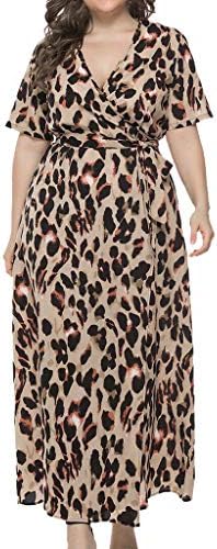 Pongfunsy 2019 New Dresses Women Fashion V-Neck Plus Size Leopard Print Dress Ladies Casual Short Sleeve Long Dress