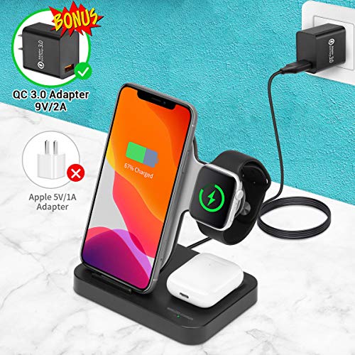 Wireless Charger, 3 in 1 Wireless Charging Station with QC 3.0 Adapter, Fast Qi Wireless Charger Stand Dock Compatible for Apple Watch AirPods Pro/2 iPhone 11 Pro/11 Pro Max/11/SE/XR/XS/X/8/8P Samsung