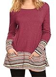 Bluetime Women's Color Block Long Sleeve Sweatshirt Jersey Tunic Tops Wine L