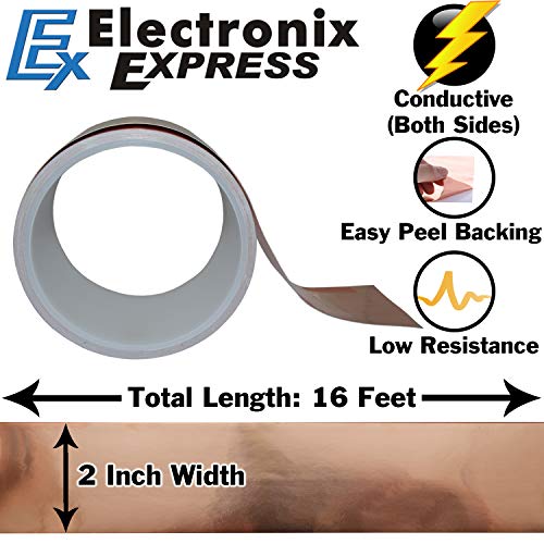 16 Feet of 2 Inch Wide Copper Foil Tape with Adhesive - Conductive on Both Sides for EMI Shielding, Electrical Repairs, Engineering Projects, Arts & Crafts, or Stained Glass - EX ELECTRONIX EXPRESS