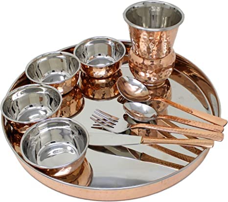 PR INTERNATIONAL Dinnerware Copper Traditional Dinner Set of Thali Plate, Bowls, Fork, Glass Spoon and Serving Spoon, Diameter 13 Inch Stainless Steel Copperware Thali Set