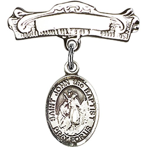 Sterling Silver Baby Badge with St. John the Baptist Charm and Arched Polished Badge Pin 7/8 X 7/8 inches