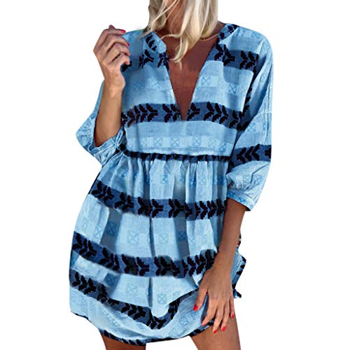 Clearance!! Women's Casual Half Sleeve Dresses Sexy V-Neck Printing Mini Dress Beach Party Princess Dress Sundress (Blue, Large)