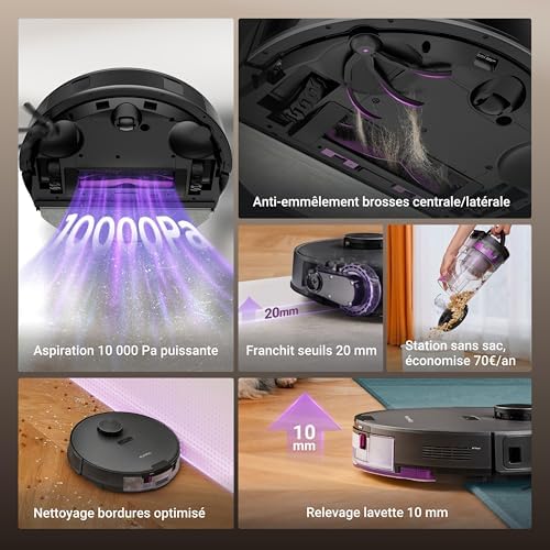 E20 Evo Plus Robot Aspirateur Laveur avec Station sans Sac Aspiration 10000 Pa Aspirateur Robot Autovidange, Anti Enchevêtrement pour Cheveux Poils d'animaux, Soulèvement de Serpillière 10mm