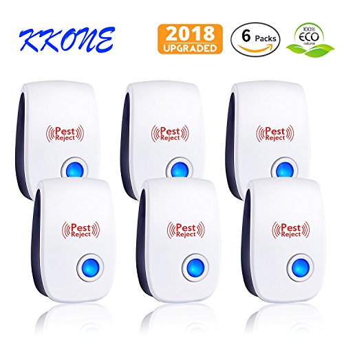 KKONE Control Set of 6-Packs Electronic Plug Indoor for Flea，Mosquitoes, Mice, Spiders, Ants, Rats, Roaches, Bugs, Non-Toxic, Ultrasonic Pest Repeller,