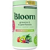 Bloom Nutrition Superfood Greens Powder, Digestive Enzymes with Probiotics and Prebiotics, Gut Health, Bloating Relief for Women, Chlorella, Green Juice Mix w Beet Root Powder, 60 SVG, Strawberry Kiwi