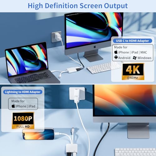 4K@60Hz Adaptateur USB C et Lightning vers HDMI pour iPhone, MFi Adaptateur Lightning HDMI pour ipad,100W Adaptateur USB C vers HDMI pour iPhone 17/16/15/14/iPad/MacBook/Galaxy to TV/Monitor/Projector