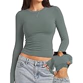 Danysu Double Lined High Round Neck Long Sleeve Tops for Women with Built in Bra Nylon Basic Crop Fall Tee Shirts