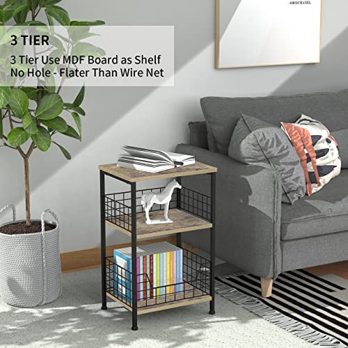 Tall Side Table High 25 Inch, Small End Table with Storage/Wood Board Shelf/Fence, End Side