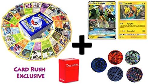 100 Pokemon Cards with TAPU KOKO GX + TAPU KOKO PROMO holo set- 5 coin tokens, deck box, ultimate Gift Collection