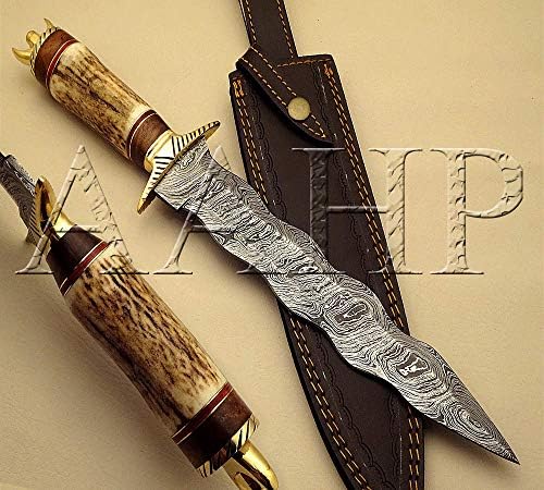 AAHP - 119, 15 Inches Handmade Damascus Dagger Knife with Approx 10 inch Blade Made of 100% Real Damascus Steel, Approx 5 inch up of Stag with Wood & Brass Rings